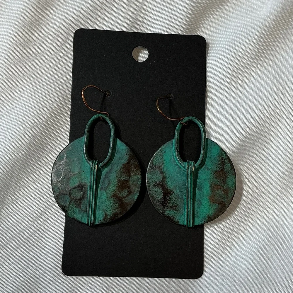 Turquoise and Brown Circular Drop Earrings - Bohemian Look - Lightweight - Picture 2 of 5